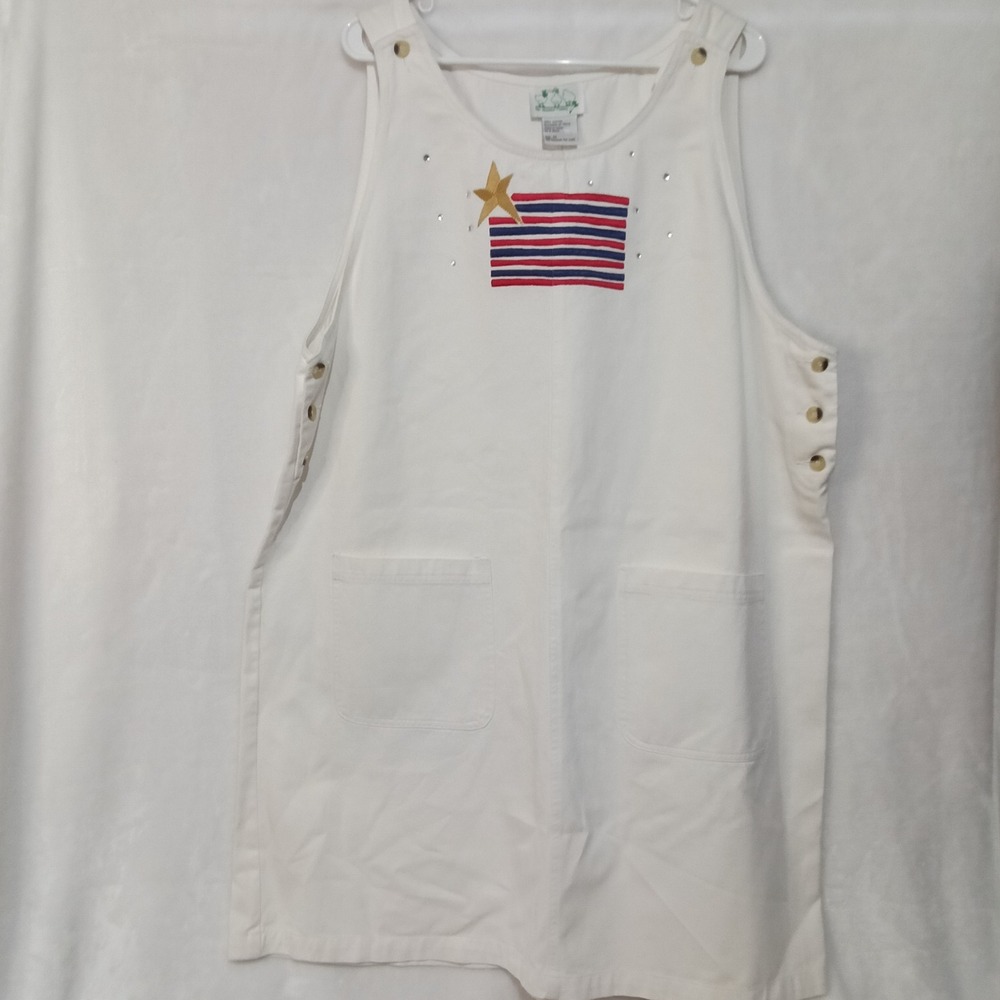 Quacker Factory White Cotton American Flag Rhinestone Jumper Dress 1X Vintage